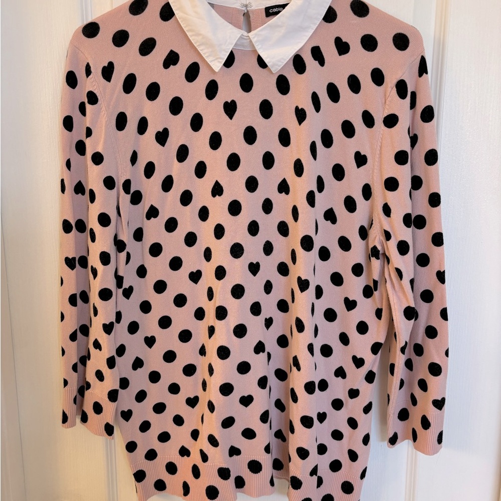 Ladies Cable & Gauge Pink w/Black Polka Dots Long Sleeve Light Sweater, Size XL